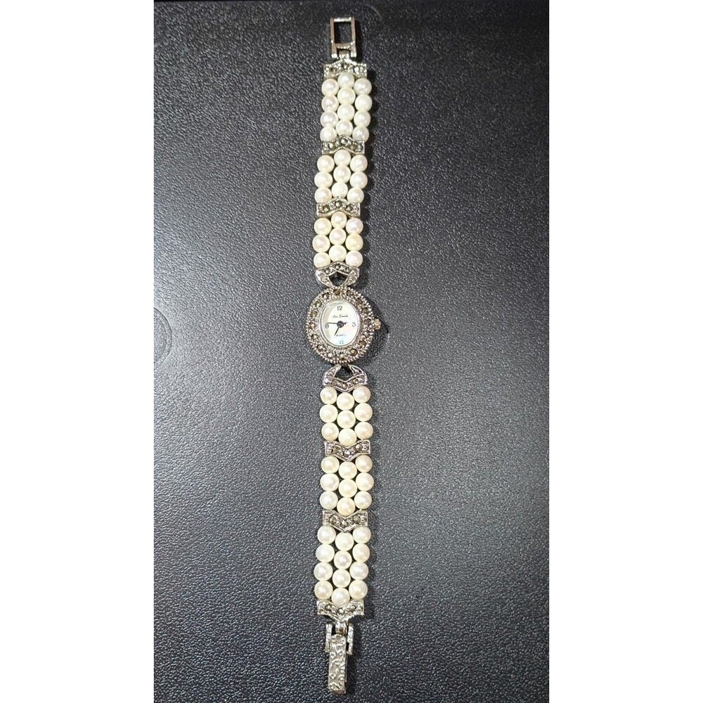 Lee Sands Quartz Watch Silver Tone White Pearls Marcasites MOP - NEEDS BATTERY
